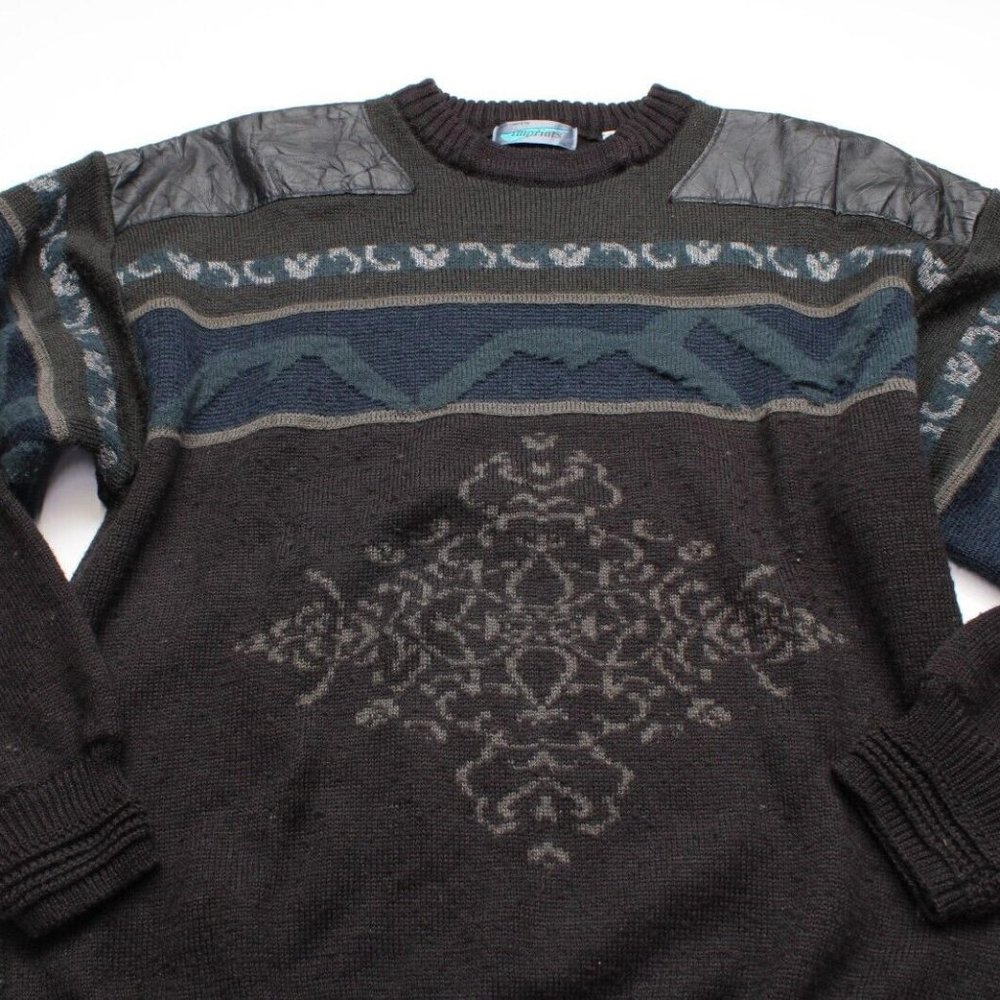 Vintage M.E. Sport Imprints Leather Detail Grandpa Sweater Size XL Acrylic Wool